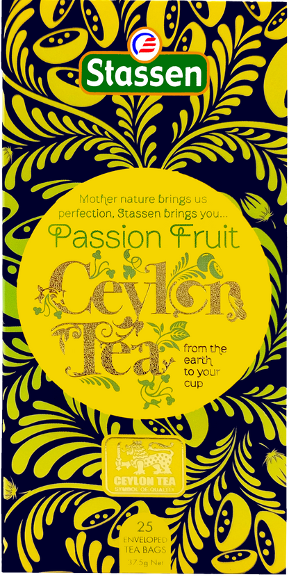 Torebka herbaty Stassen Passion Fruit Ceylon Tea w kopercie z żółtym nadrukiem – czarna herbata z marakują.