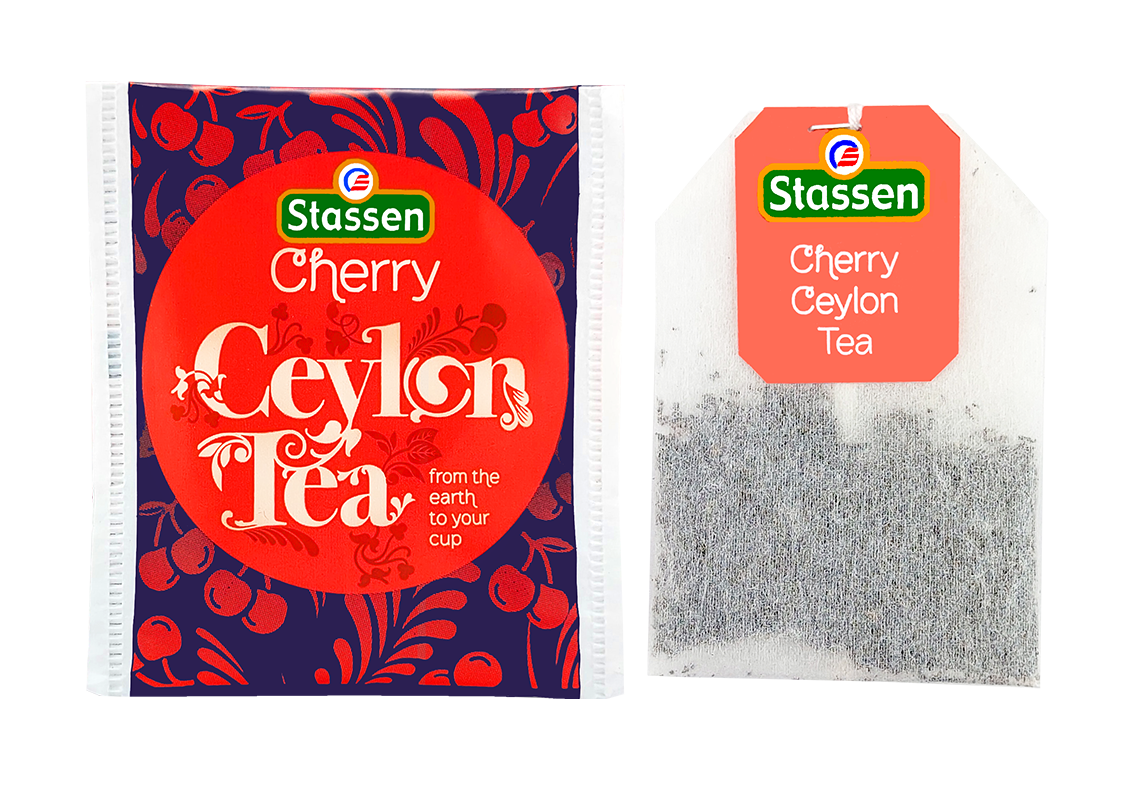 Zestaw koperta i saszetka herbaty Stassen Cherry – czarna herbata owocowa.