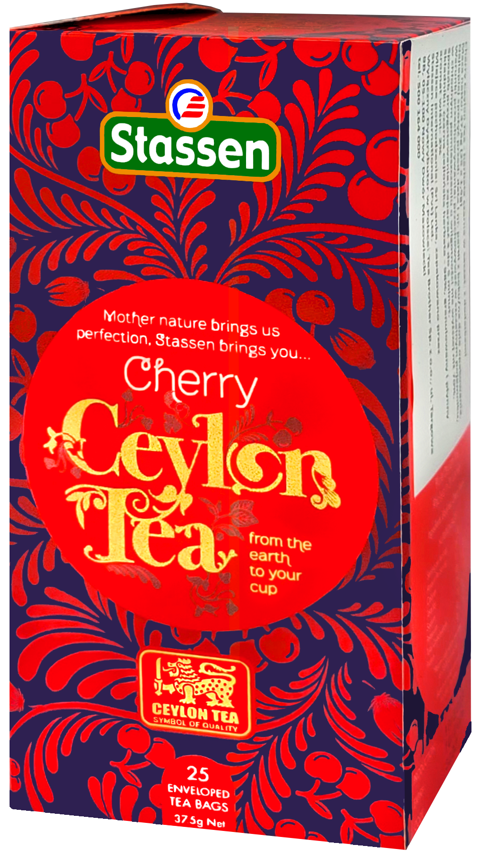 Bok pudełka herbaty Stassen Cherry Tea – cejlońska herbata z nutą wiśni.