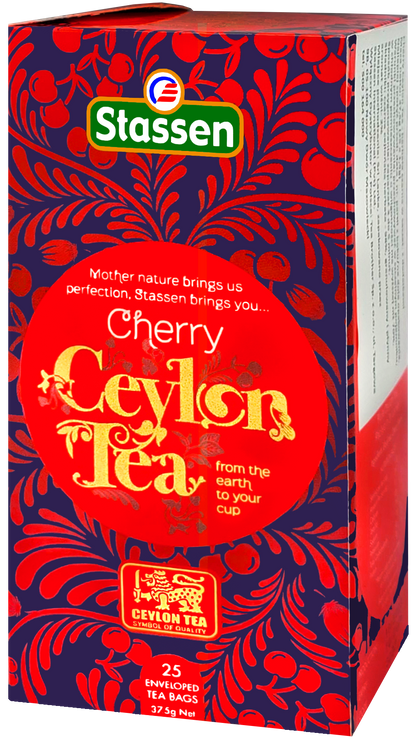 Bok pudełka herbaty Stassen Cherry Tea – cejlońska herbata z nutą wiśni.