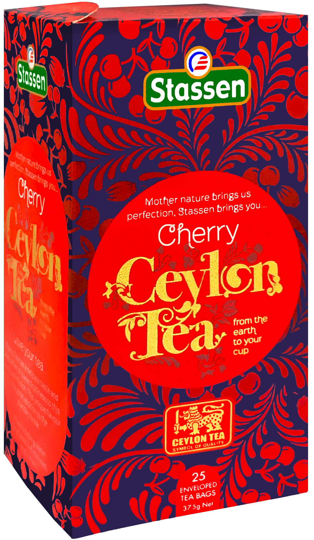 Drugie ujęcie pudełka Stassen Cherry Ceylon Tea – herbata czarna aromatyzowana wiśnią.