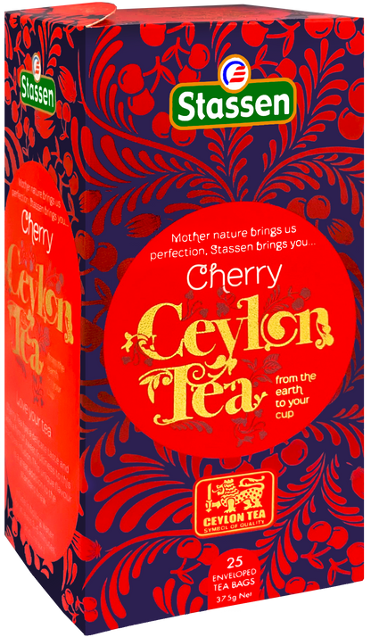 Drugie ujęcie pudełka Stassen Cherry Ceylon Tea – herbata czarna aromatyzowana wiśnią.