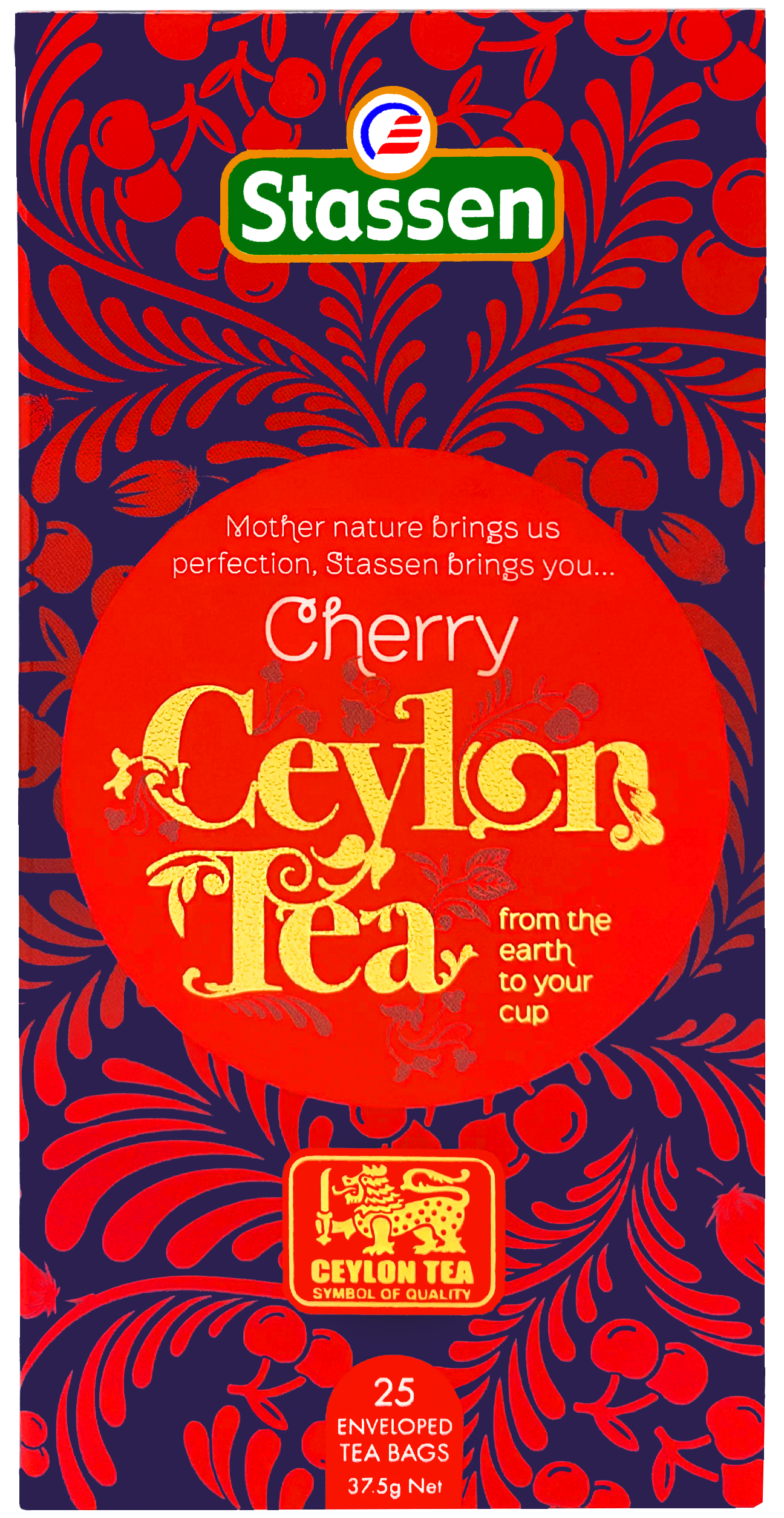 Opakowanie herbaty Stassen Cherry Ceylon Tea – czarna herbata cejlońska z aromatem wiśni.