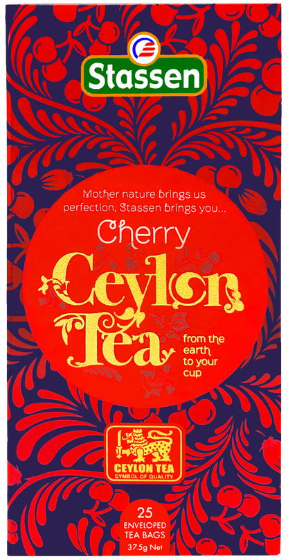 Opakowanie herbaty Stassen Cherry Ceylon Tea – czarna herbata cejlońska z aromatem wiśni.