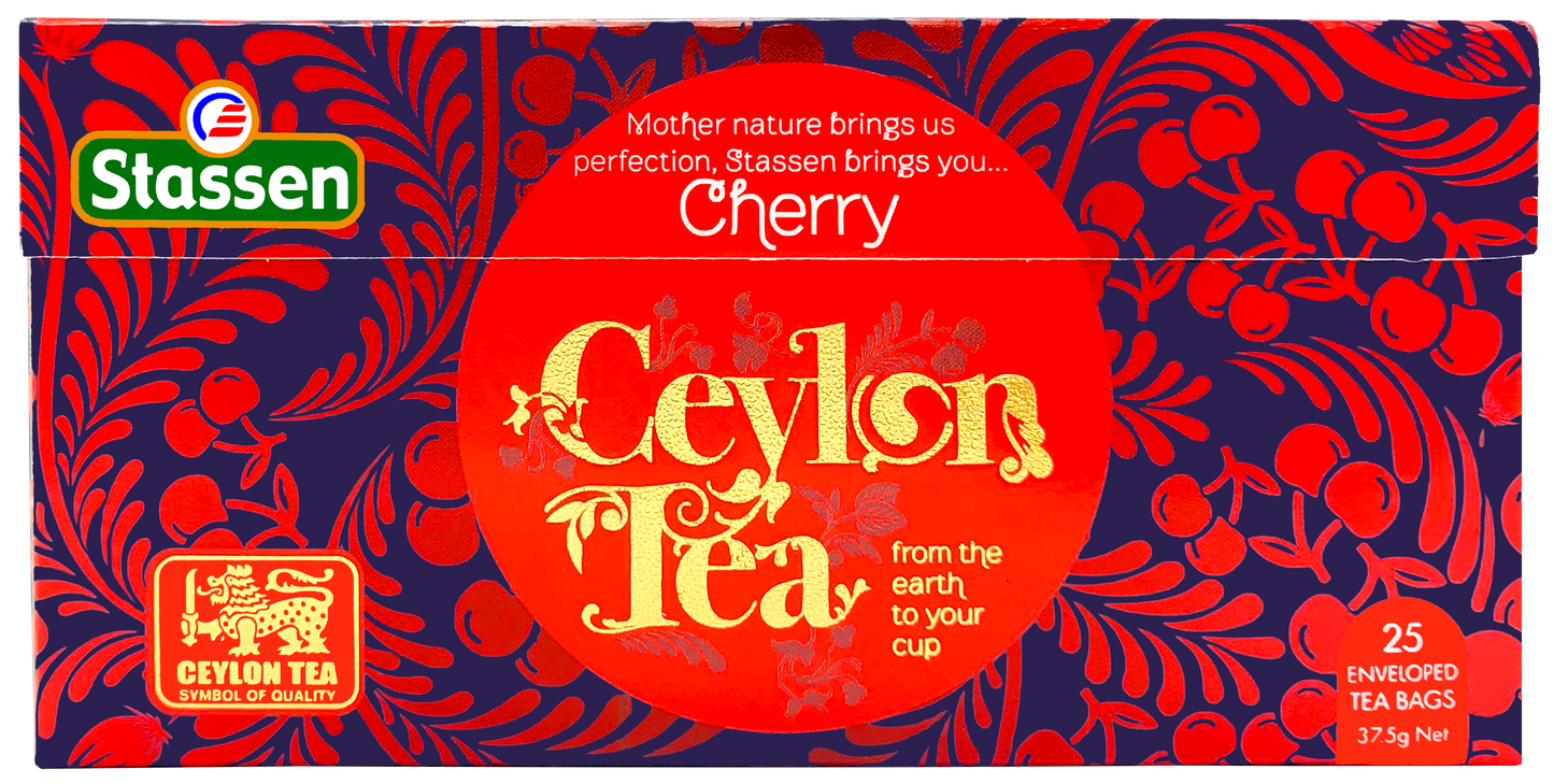 Rozłożone pudełko herbaty czarnej Stassen Cherry – cejlońska herbata z owocowym akcentem.