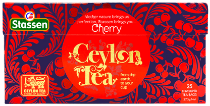 Rozłożone pudełko herbaty czarnej Stassen Cherry – cejlońska herbata z owocowym akcentem.