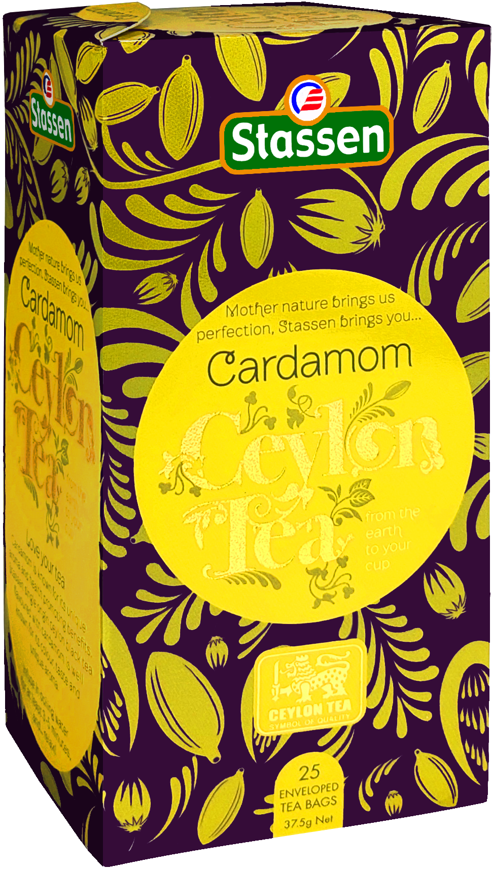 Bok pudełka herbaty Stassen Cardamom Tea – aromatyzowana herbata czarna z kardamonem.
