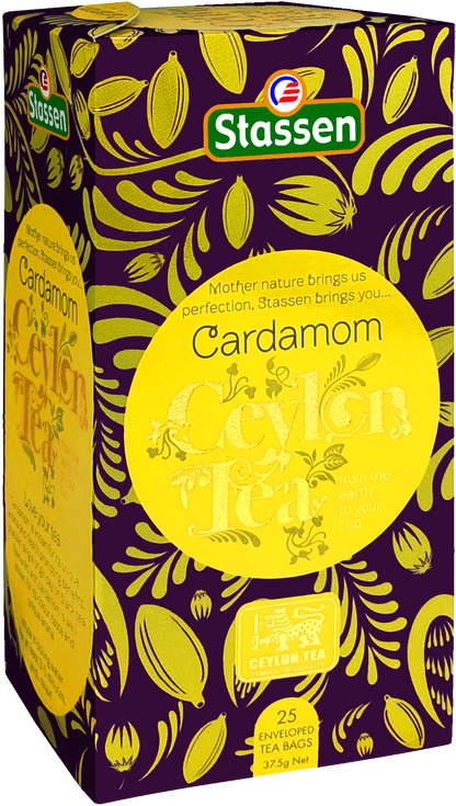 Bok pudełka herbaty Stassen Cardamom Tea – aromatyzowana herbata czarna z kardamonem.