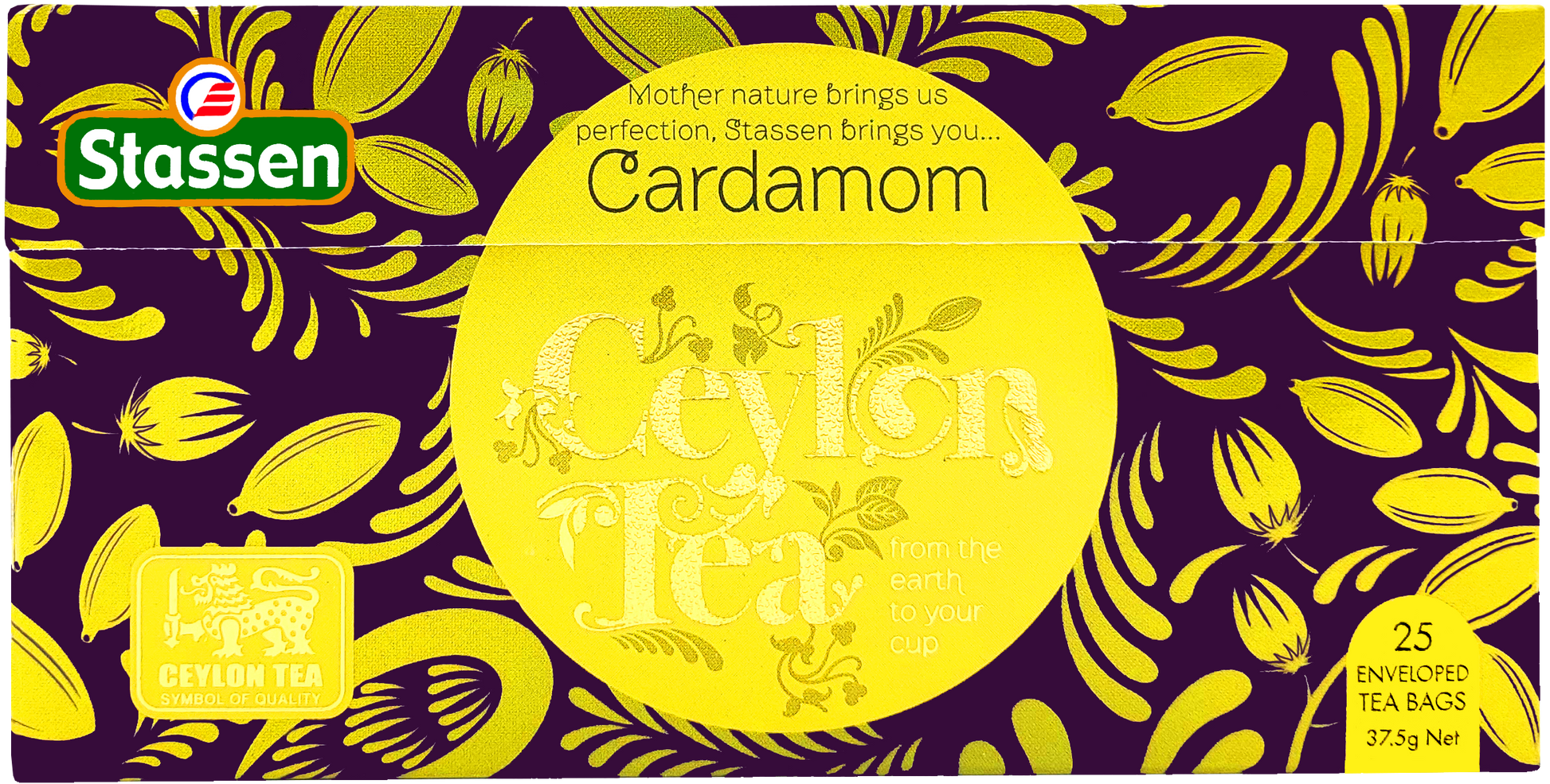 Rozłożone pudełko Stassen Cardamom Tea – czarna herbata z aromatem kardamonu.
