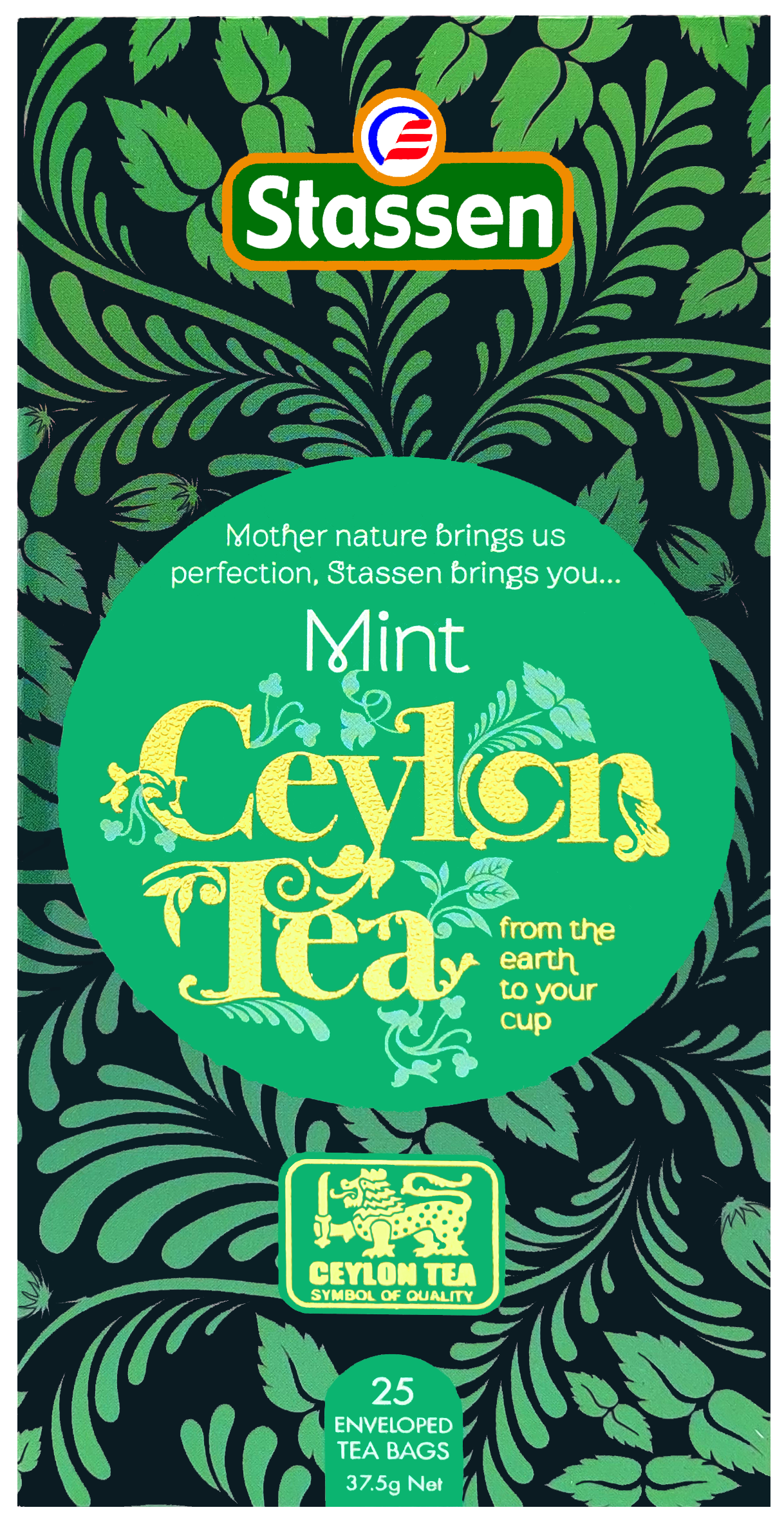 Opakowanie herbaty Stassen Mint Black Tea z cejlońską czarną herbatą i miętą.