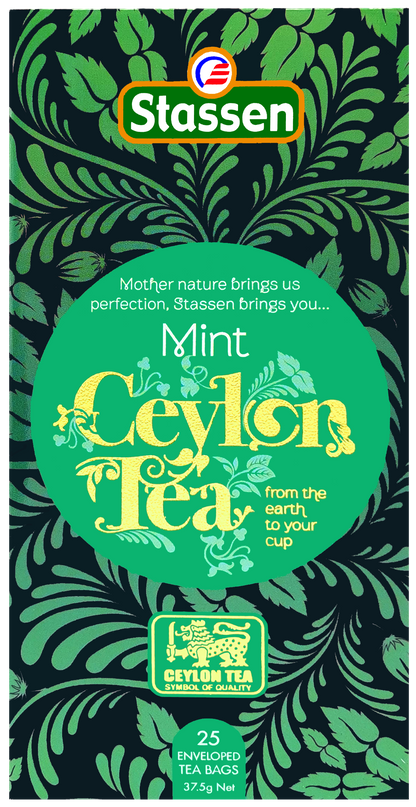 Opakowanie herbaty Stassen Mint Black Tea z cejlońską czarną herbatą i miętą.
