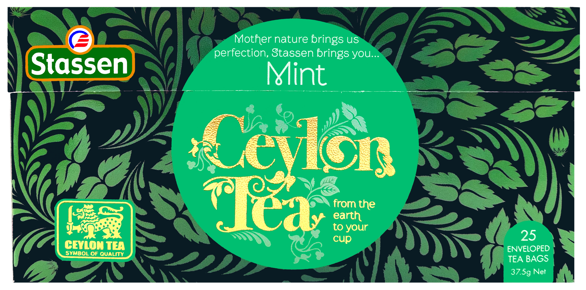 Płasko ułożone opakowanie herbaty Stassen Mint Black Tea 25 torebek.