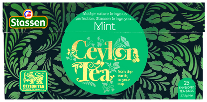 Płasko ułożone opakowanie herbaty Stassen Mint Black Tea 25 torebek.