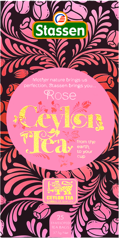 Opakowanie herbaty Stassen Rose Black Tea – czarna herbata cejlońska z aromatem róży.