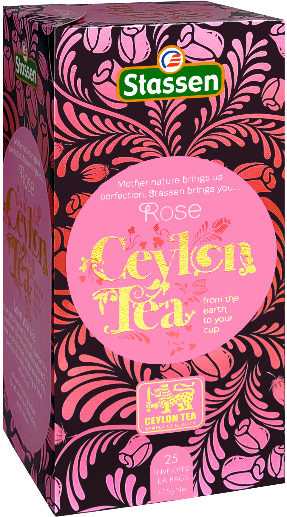 Bok pudełka herbaty Stassen Rose Tea – elegancka herbata czarna aromatyzowana.