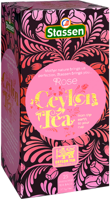 Bok pudełka herbaty Stassen Rose Tea – elegancka herbata czarna aromatyzowana.