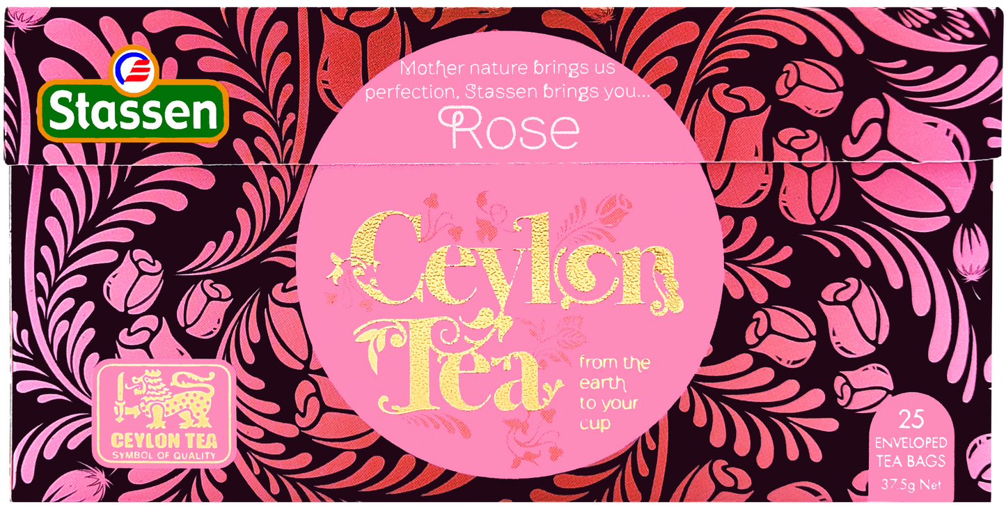 Płasko ułożone opakowanie herbaty Stassen Rose – 25 torebek w kopertach.
