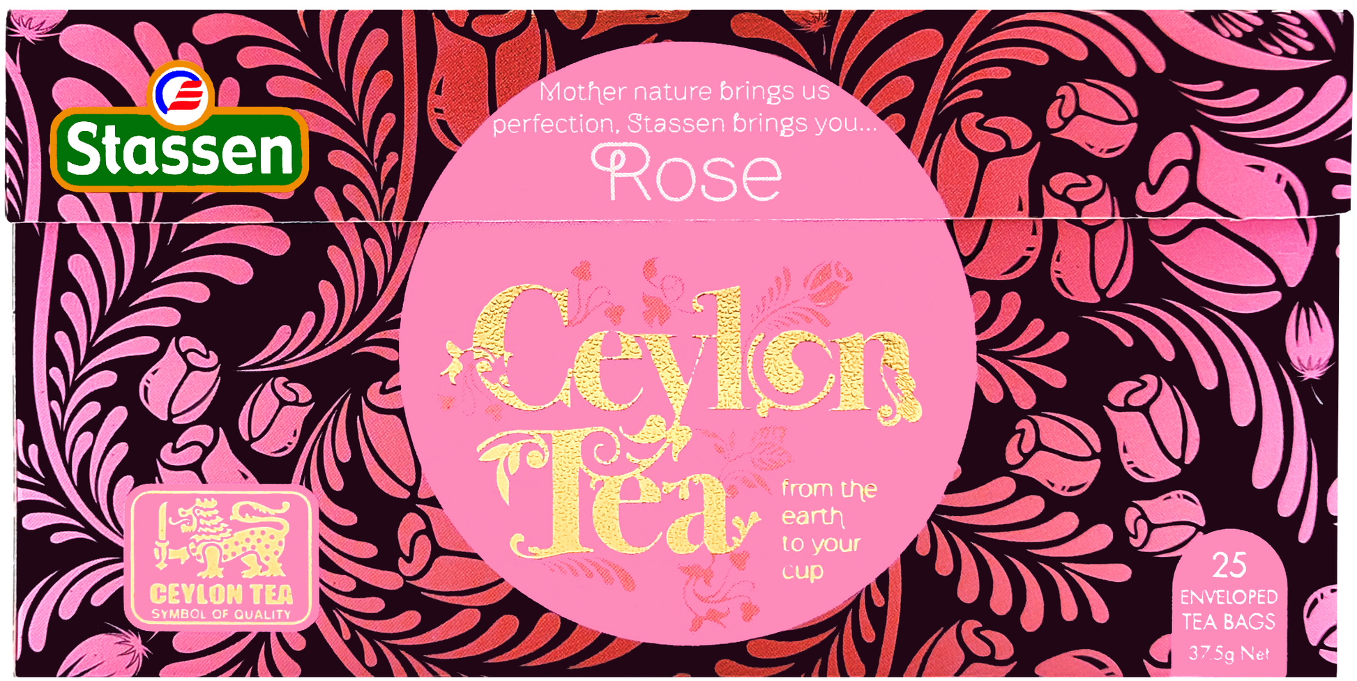 Płasko ułożone opakowanie herbaty Stassen Rose – 25 torebek w kopertach.