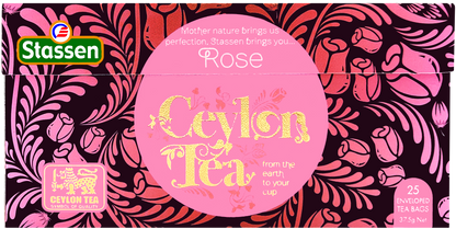 Płasko ułożone opakowanie herbaty Stassen Rose – 25 torebek w kopertach.