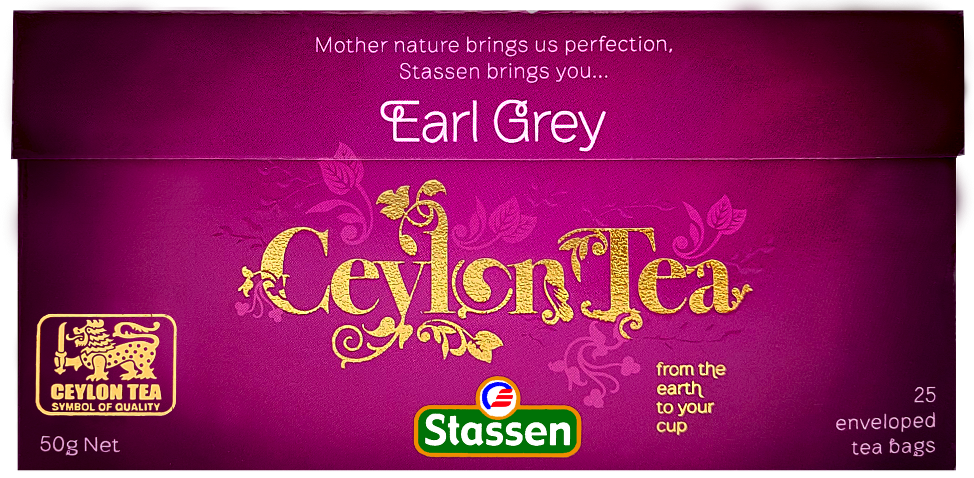 Płasko ułożone opakowanie herbaty Stassen Earl Grey Tea – 25 torebek.
