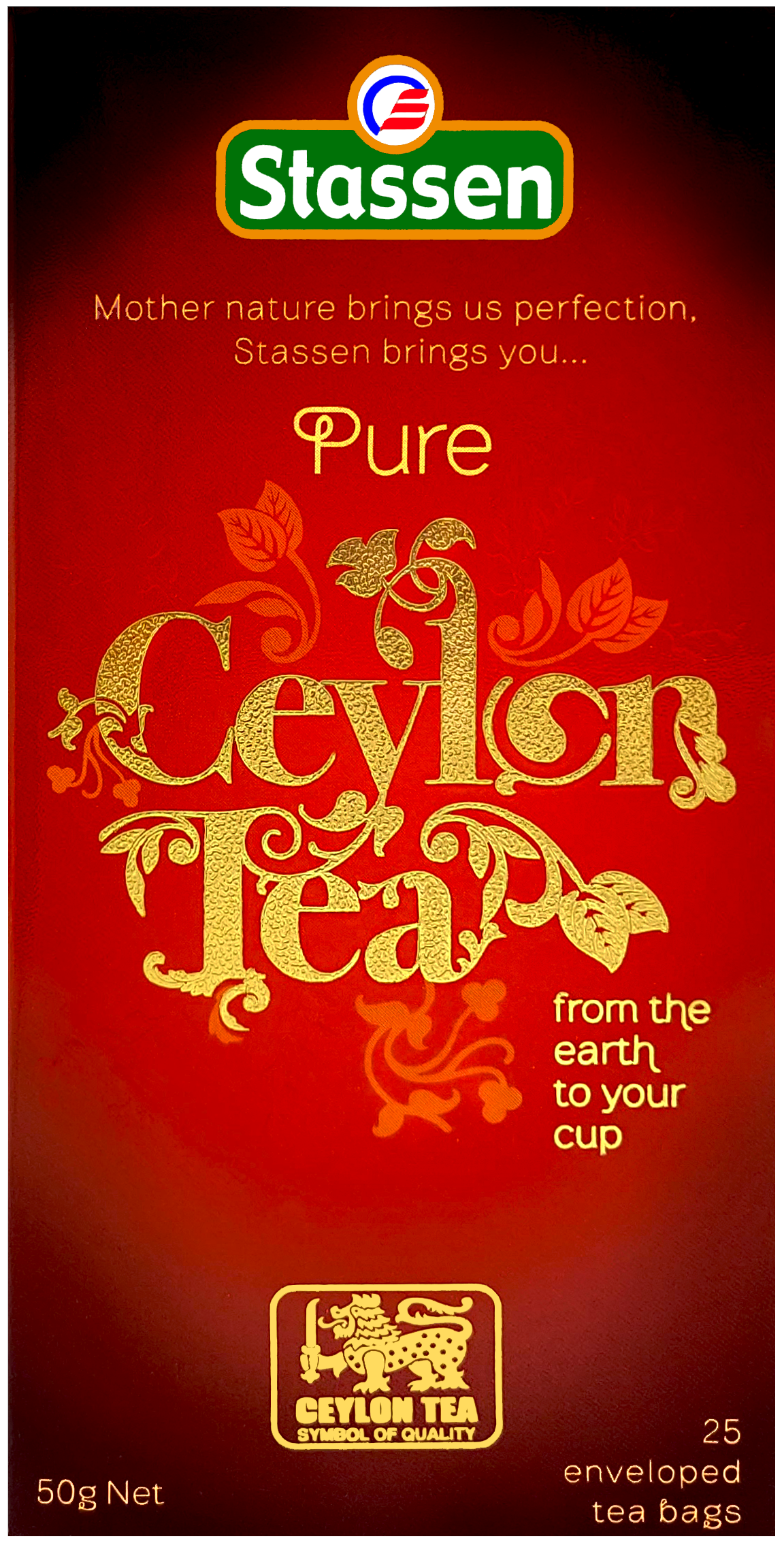 Herbata czarna Stassen Pure Ceylon – pudełko z przodu z logo Ceylon Tea.