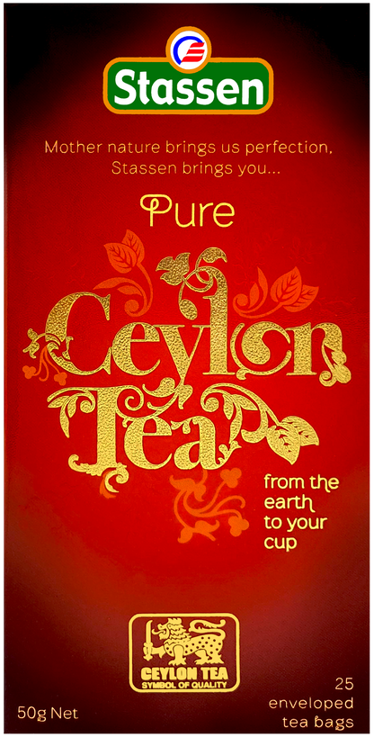 Herbata czarna Stassen Pure Ceylon – pudełko z przodu z logo Ceylon Tea.