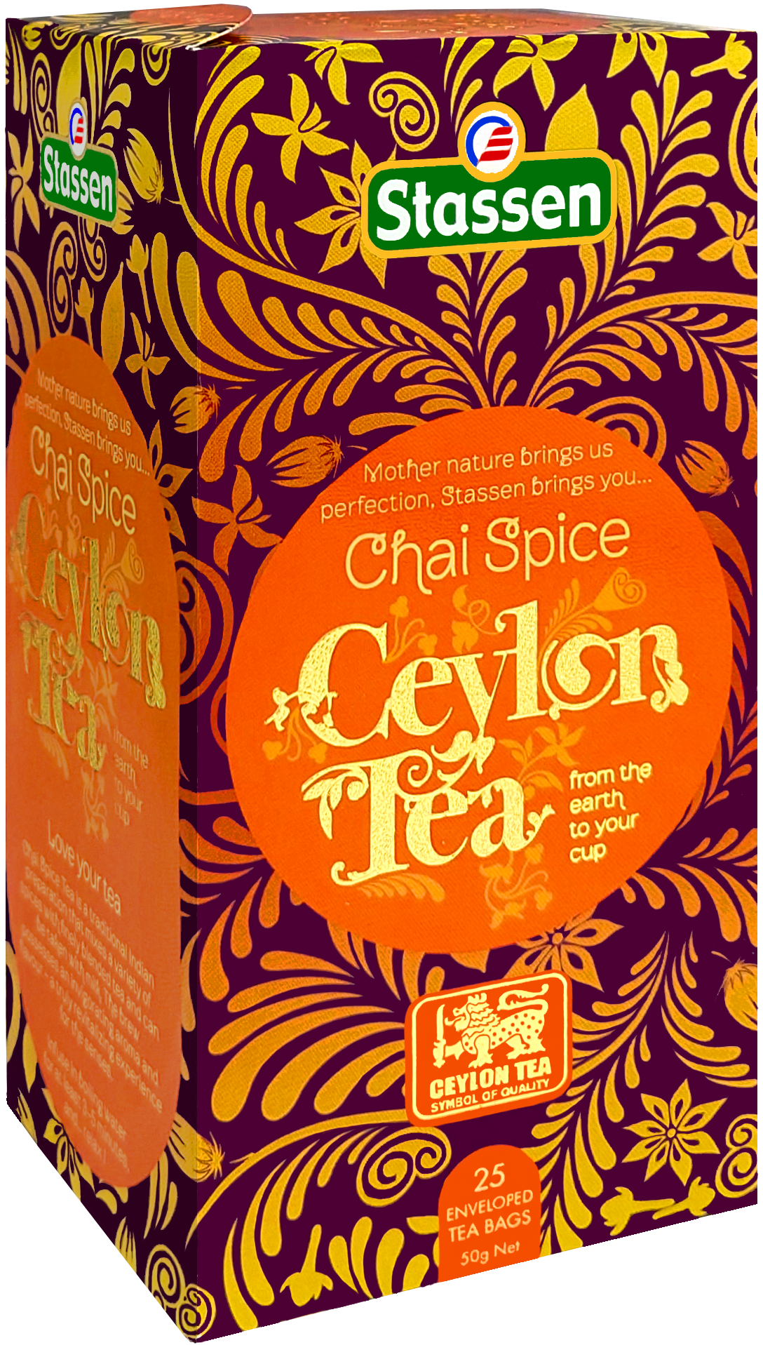 Herbata czarna Stassen Chai Spice – pudełko widoczne z boku.