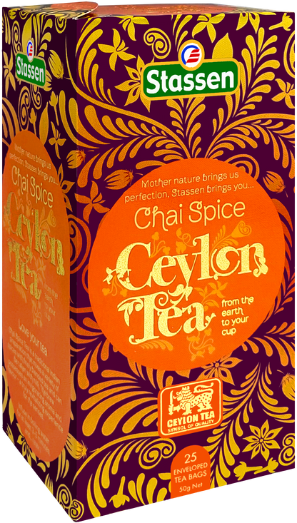 Herbata czarna Stassen Chai Spice – pudełko widoczne z boku.