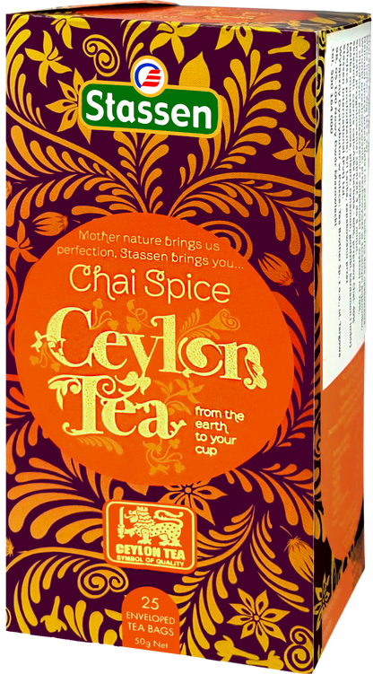 Pudełko herbaty czarnej Stassen Chai Spice stojące.