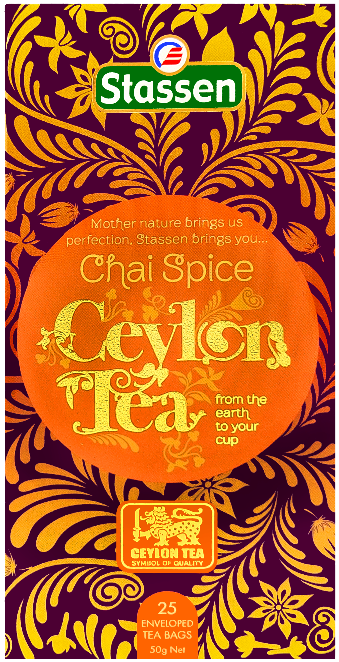 Opakowanie herbaty czarnej Stassen Chai Spice widok z przodu.