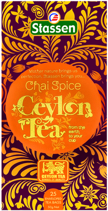 Opakowanie herbaty czarnej Stassen Chai Spice widok z przodu.