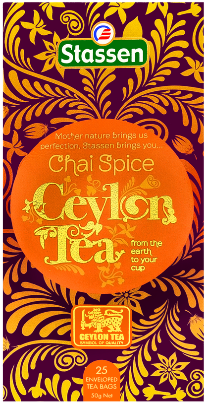 Opakowanie herbaty czarnej Stassen Chai Spice widok z przodu.