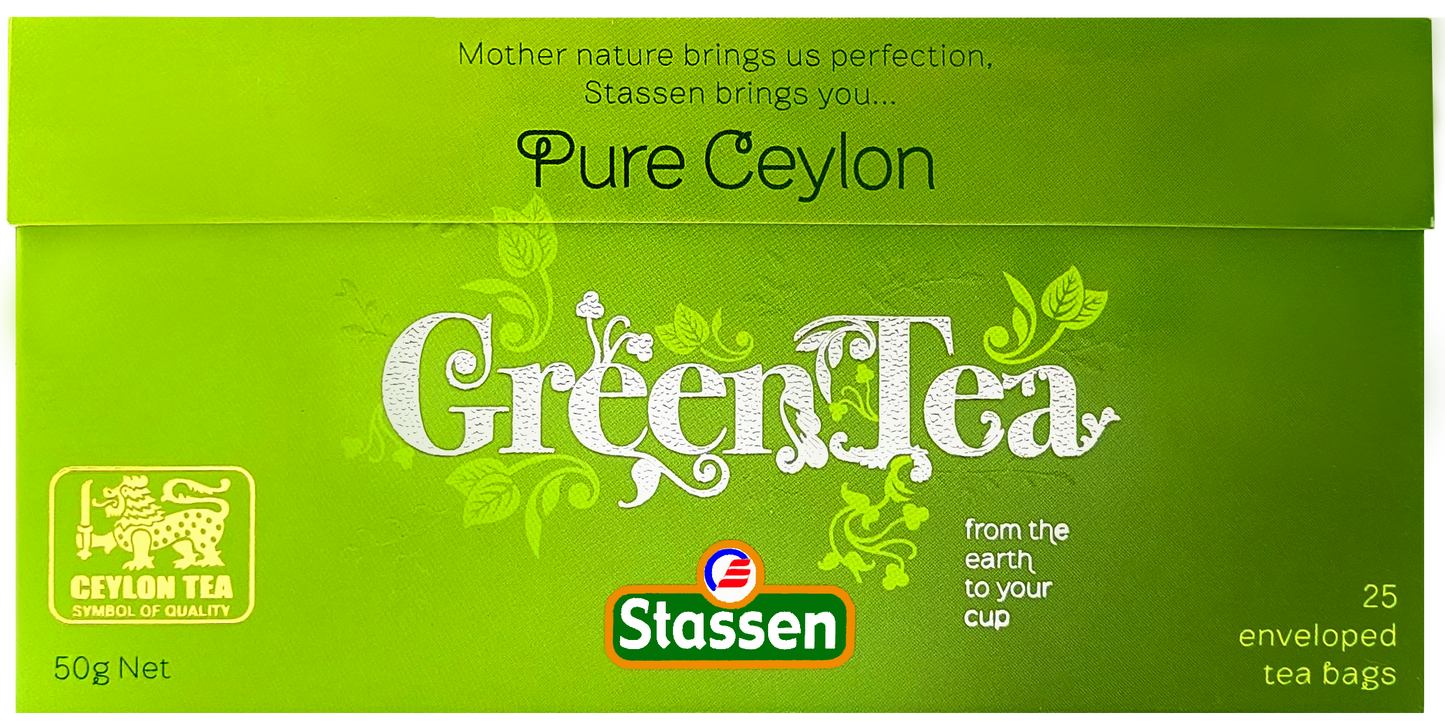 Opakowanie Stassen Pure Ceylon Green Tea ułożone płasko.