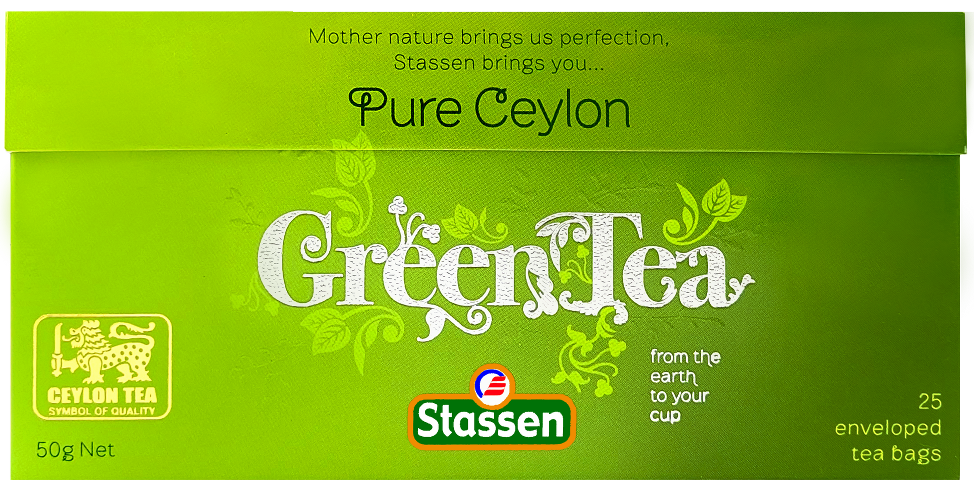 Opakowanie Stassen Pure Ceylon Green Tea ułożone płasko.