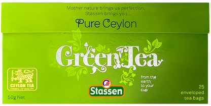 Opakowanie Stassen Pure Ceylon Green Tea ułożone płasko.