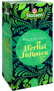Bok opakowania herbaty Stassen Peppermint Herbal Infusion z motywem roślinnym.