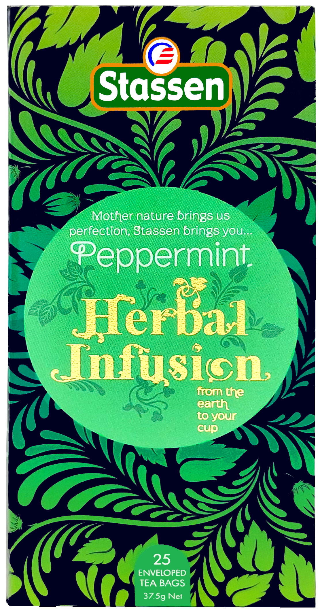 Pudełko herbaty Stassen Peppermint Herbal Infusion – widok z przodu.