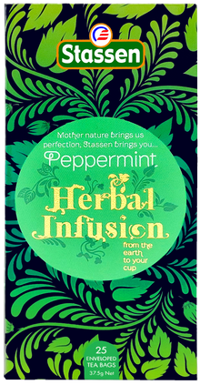 Pudełko herbaty Stassen Peppermint Herbal Infusion – widok z przodu.