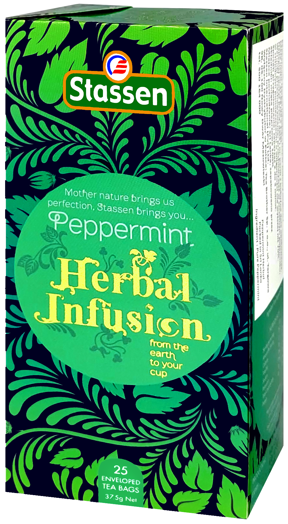 Perspektywiczny widok pudełka herbaty Stassen Peppermint Herbal Infusion.