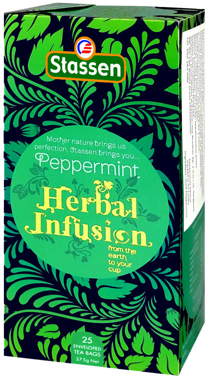 Perspektywiczny widok pudełka herbaty Stassen Peppermint Herbal Infusion.