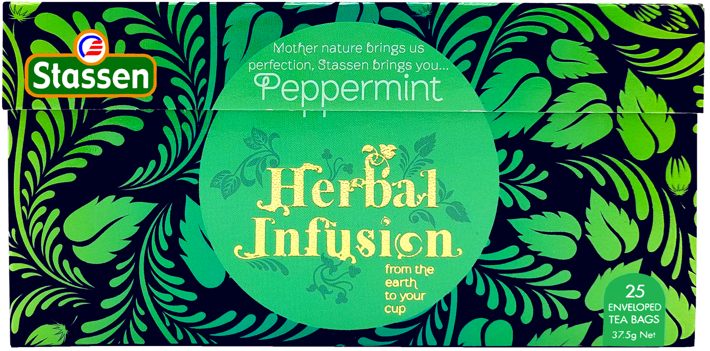Leżące pudełko herbaty Stassen Peppermint Herbal Infusion 25 x 1,5 g.