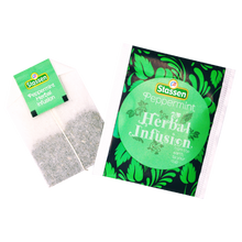 Herbata Stassen Peppermint Herbal Infusion – saszetka i torebka z widocznym suszem.