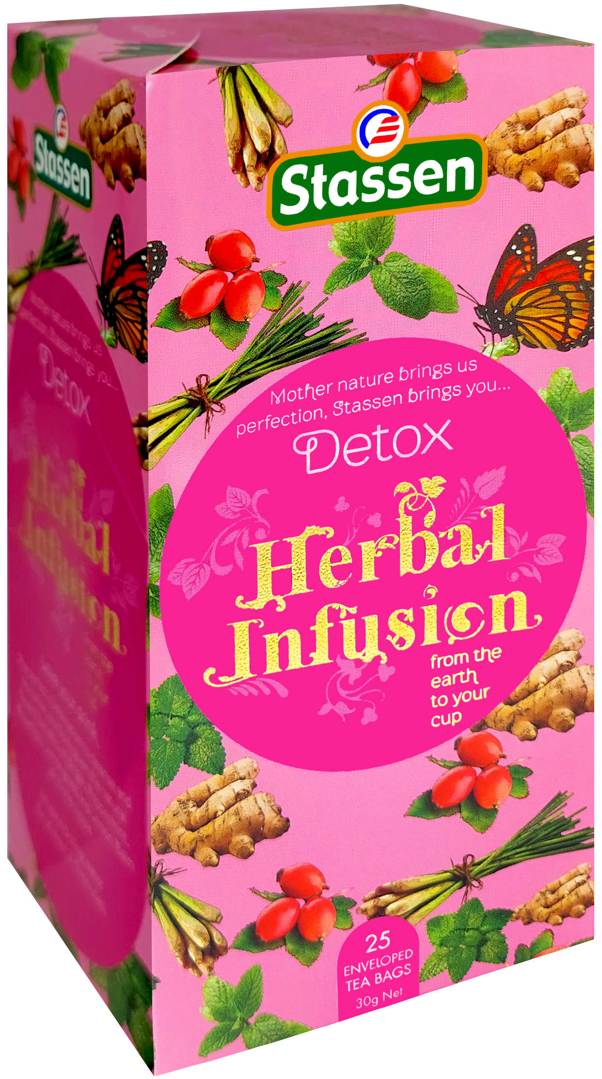 Pudełko Stassen Detox Herbal Infusion bok z grafiką ziół i owoców