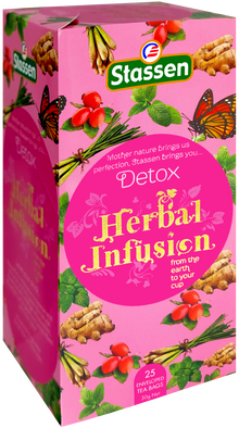 Pudełko Stassen Detox Herbal Infusion bok z grafiką ziół i owoców