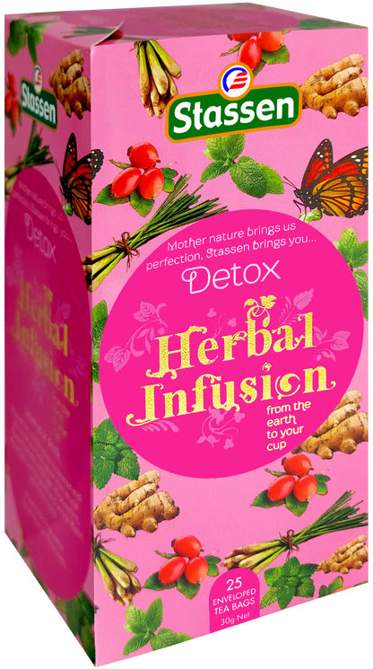 Pudełko Stassen Detox Herbal Infusion bok z grafiką ziół i owoców