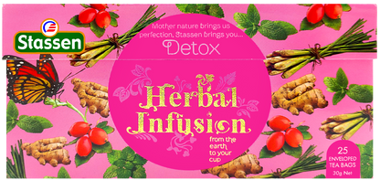 Herbata Stassen Detox Herbal Infusion w opakowaniu różowym na płasko