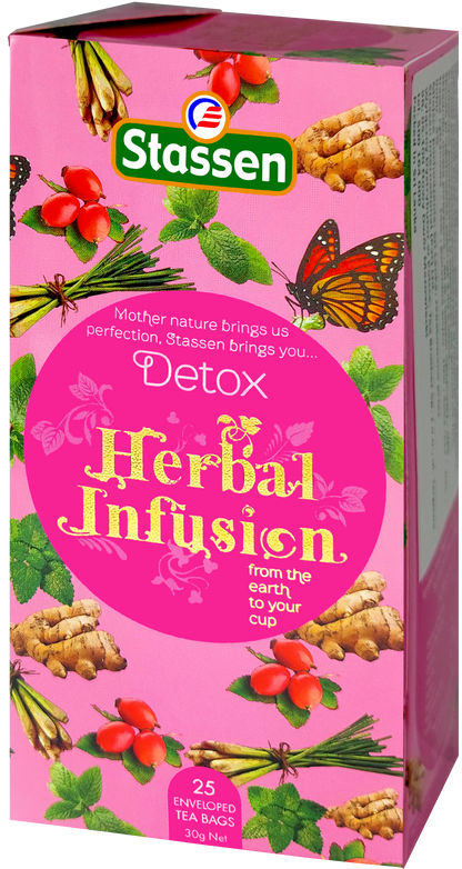Opakowanie herbaty Stassen Detox Herbal Infusion prezentowane pod kątem