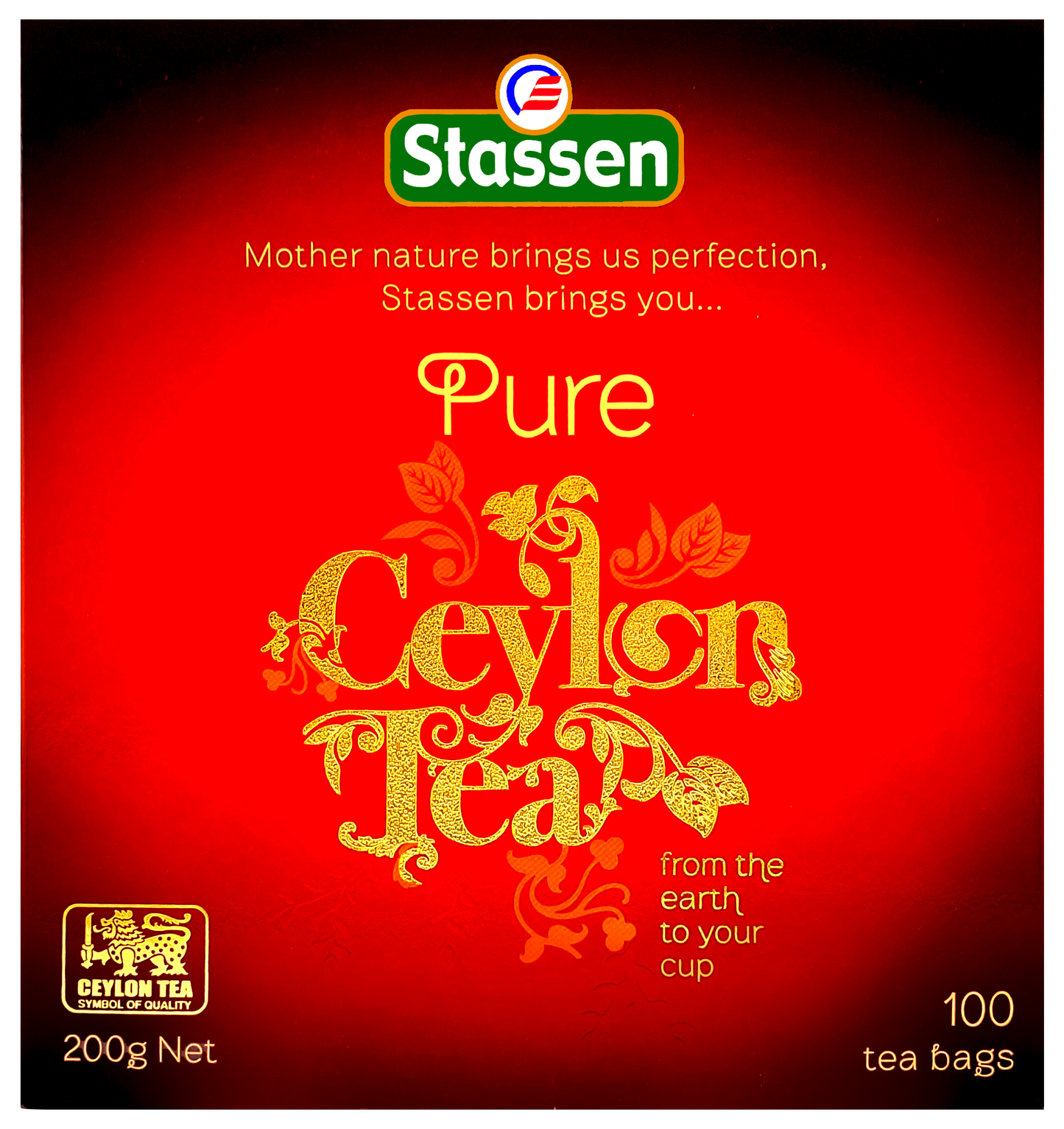 Pudełko herbaty Stassen Pure Ceylon Tea w czerwonej eleganckiej szacie graficznej