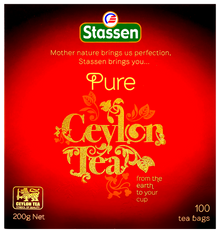 Pudełko herbaty Stassen Pure Ceylon Tea w czerwonej eleganckiej szacie graficznej