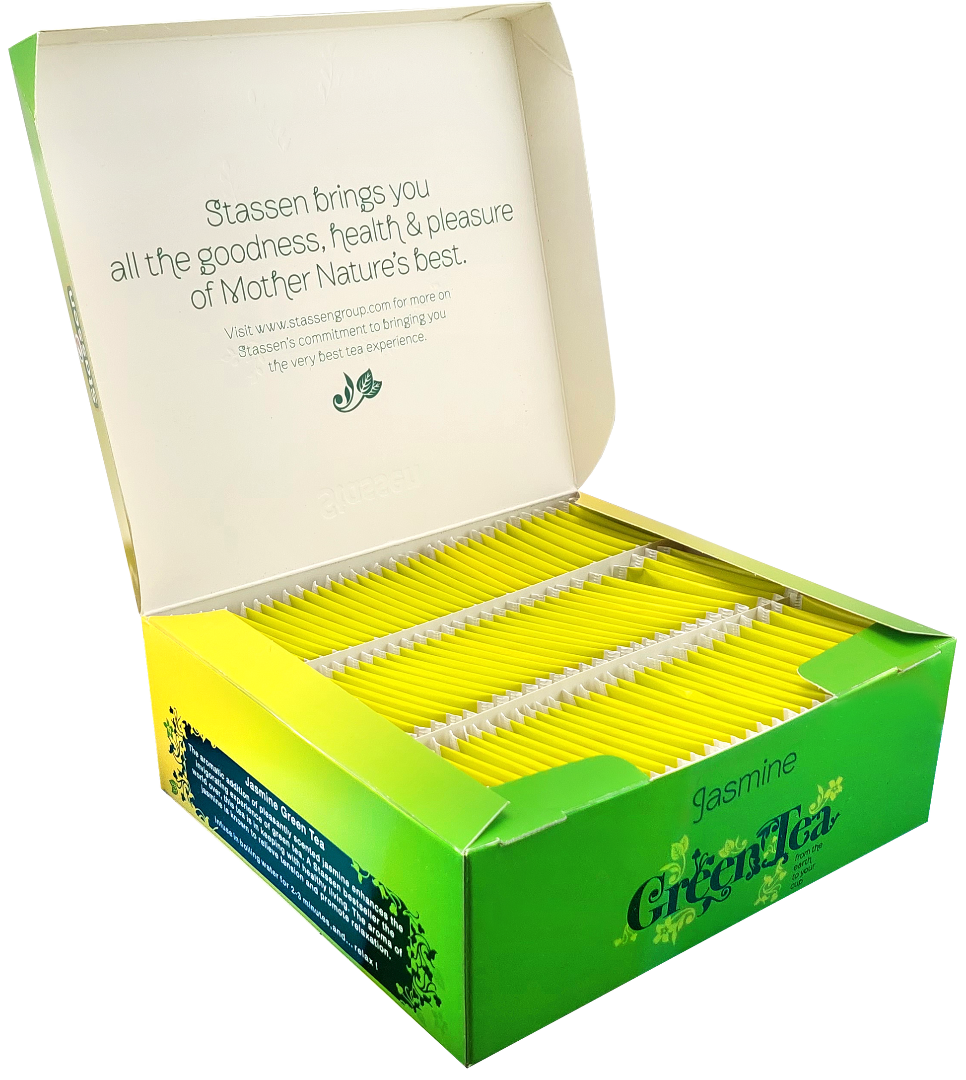 Otwarta herbata Stassen Jasmine Green Tea z widocznymi saszetkami w środku